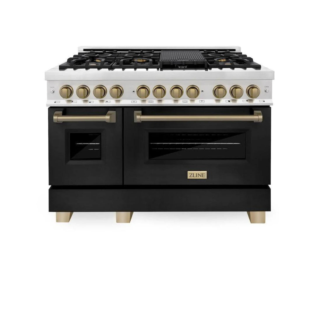 ZLINE Autograph Edition 36" &amp; 48" Legacy Dual Fuel Ranges in Stainless Steel with Black Matte Doors and Champagne Bronze or Polished Gold Accents