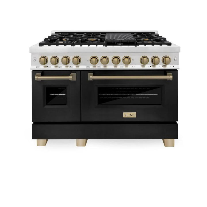 ZLINE Autograph Edition 36" &amp; 48" Legacy Dual Fuel Ranges in Stainless Steel with Black Matte Doors and Champagne Bronze or Polished Gold Accents
