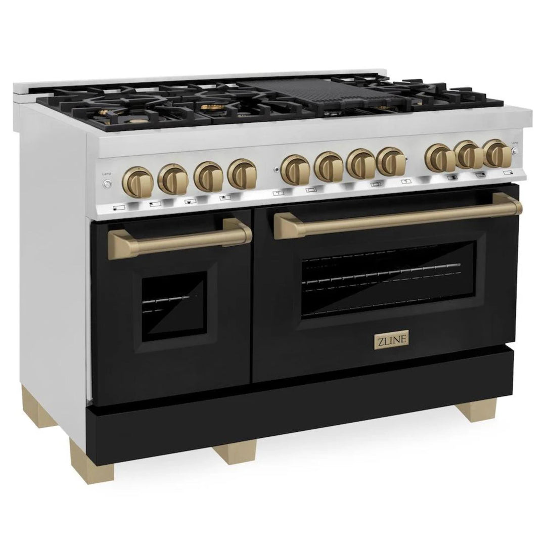 ZLINE Autograph Edition 36" &amp; 48" Legacy Dual Fuel Ranges in Stainless Steel with Black Matte Doors and Champagne Bronze or Polished Gold Accents