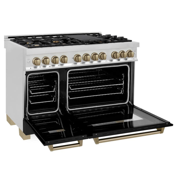 ZLINE Autograph Edition 36" &amp; 48" Legacy Dual Fuel Ranges in Stainless Steel with Black Matte Doors and Champagne Bronze or Polished Gold Accents