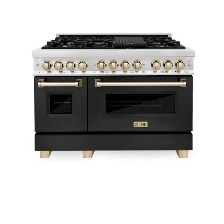 ZLINE Autograph Edition 36" &amp; 48" Legacy Dual Fuel Ranges in Stainless Steel with Black Matte Doors and Champagne Bronze or Polished Gold Accents