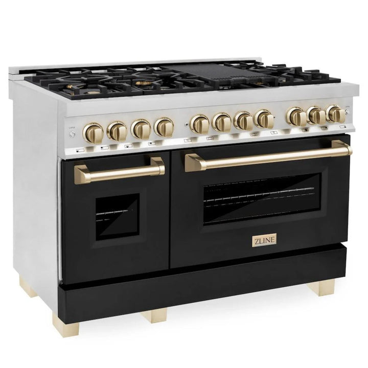 ZLINE Autograph Edition 36" &amp; 48" Legacy Dual Fuel Ranges in Stainless Steel with Black Matte Doors and Champagne Bronze or Polished Gold Accents