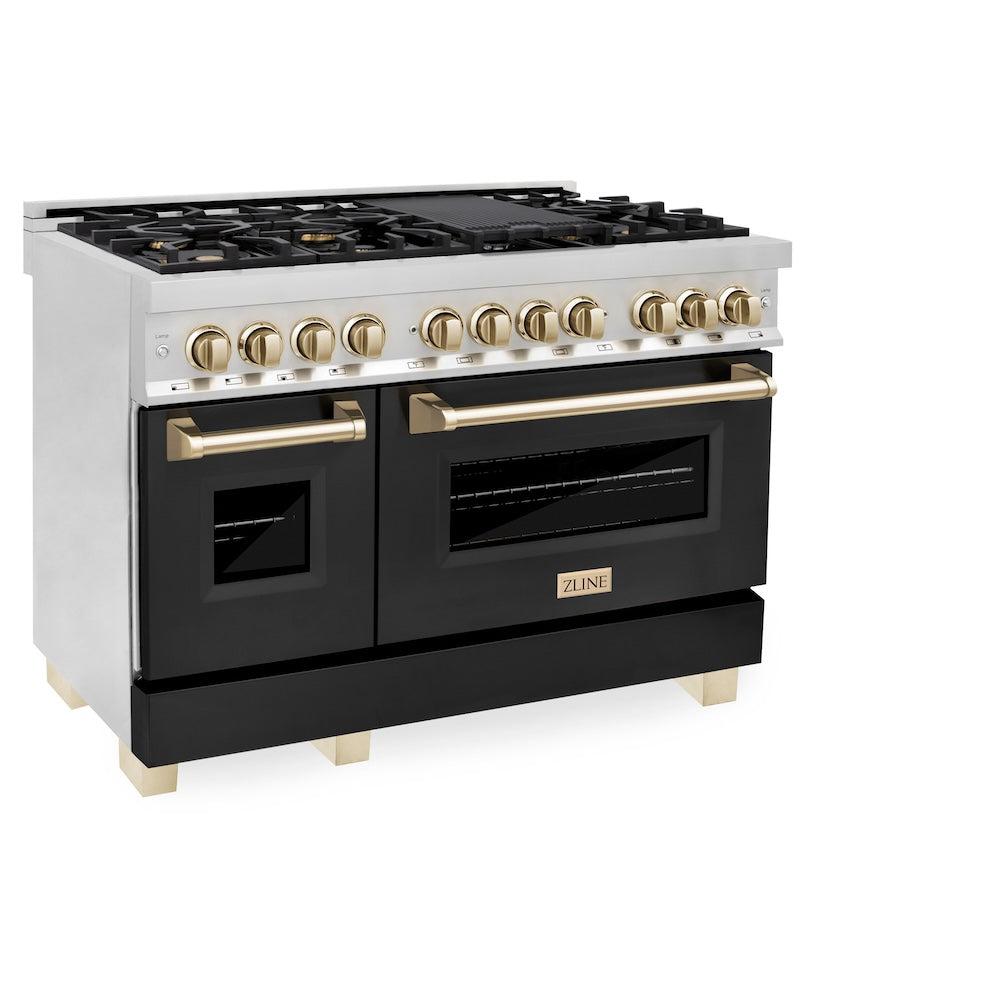 ZLINE Autograph 48" 6.0 cu. ft. Dual Fuel Range with Black Matte Door and Gold Accents, RAZ-BLM-48-G