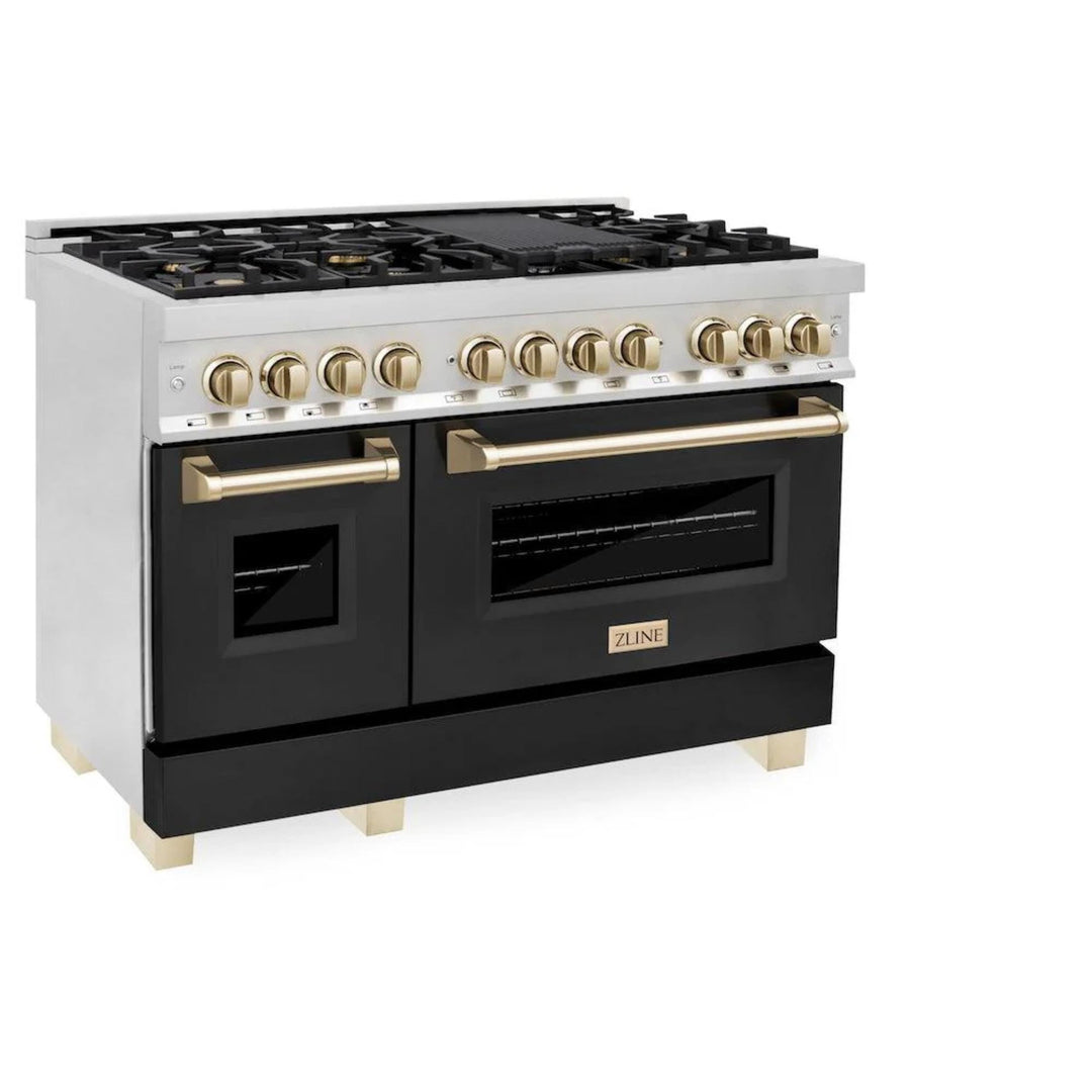 ZLINE Autograph Edition 36" &amp; 48" Legacy Dual Fuel Ranges in Stainless Steel with Black Matte Doors and Champagne Bronze or Polished Gold Accents