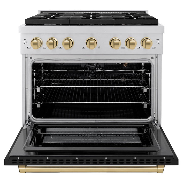 ZLINE Autograph 36" 5.2 cu. ft. Paramount Dual Fuel Range with 6 Burners in Stainless Steel with Black Matte Door and Champagne Bronze Accents, SDRZ-BLM-36-CB