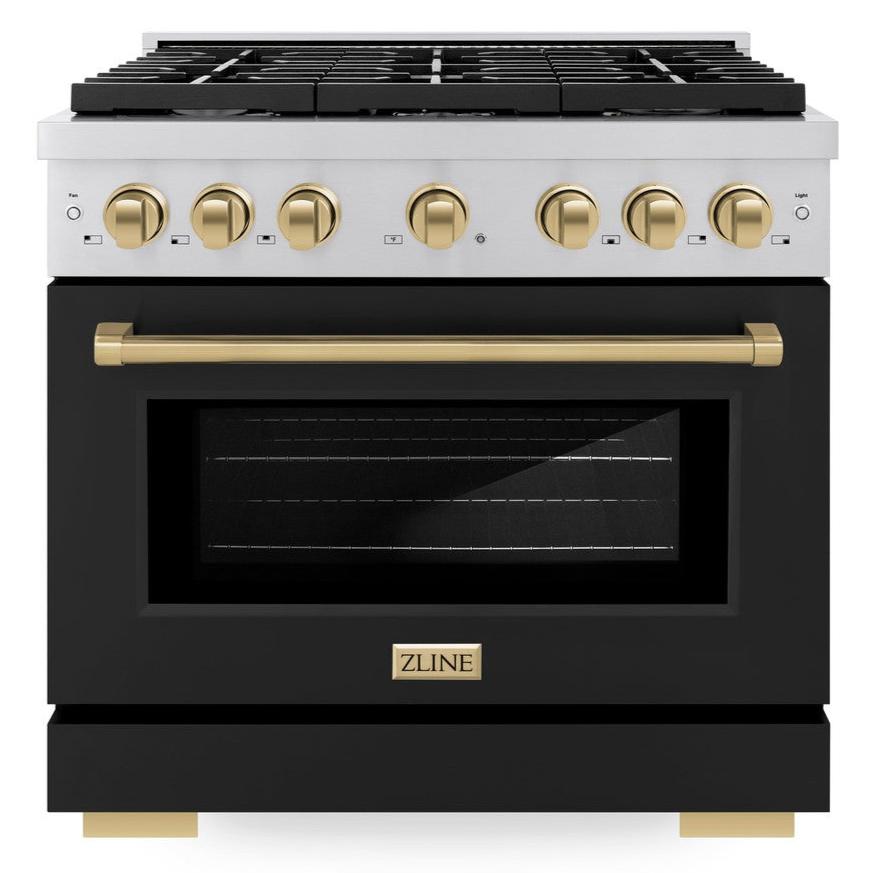 ZLINE Autograph 36" 5.2 cu. ft. Paramount Dual Fuel Range with 6 Burners in Stainless Steel with Black Matte Door and Champagne Bronze Accents, SDRZ-BLM-36-CB