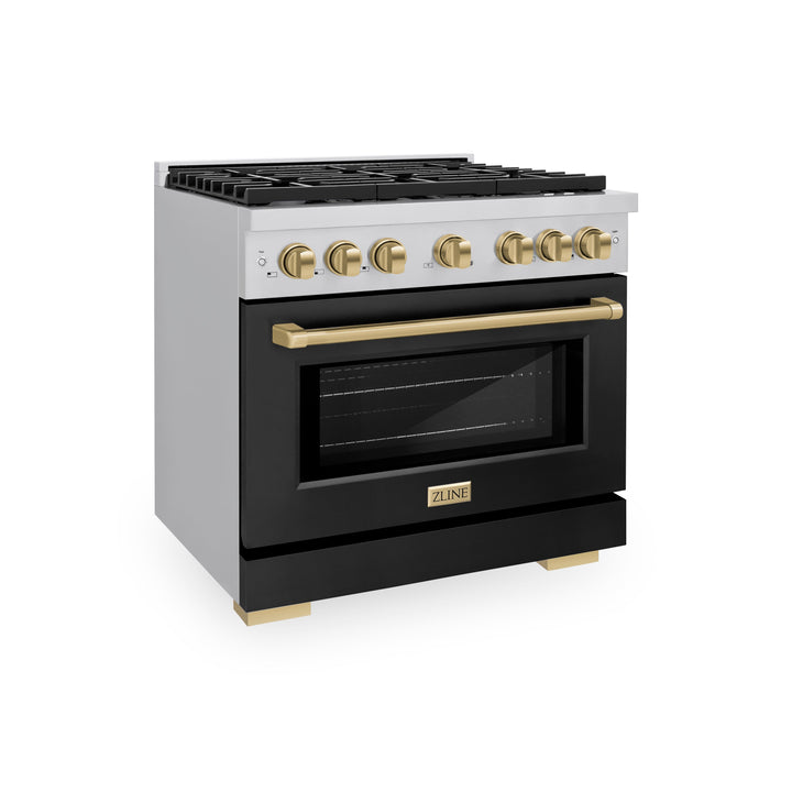 ZLINE Autograph 36" 5.2 cu. ft. Paramount Dual Fuel Range with 6 Burners in Stainless Steel with Black Matte Door and Champagne Bronze Accents, SDRZ-BLM-36-CB