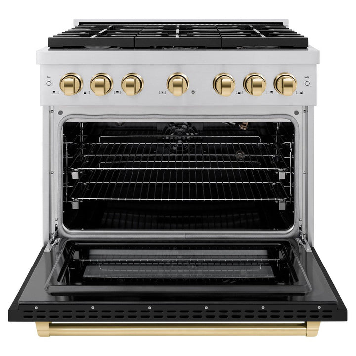 ZLINE Autograph 36" 5.2 cu. ft. Paramount Dual Fuel Range with 6 Burners in Stainless Steel with Black Matte Door and Polished Gold Accents, SDRZ-BLM-36-G