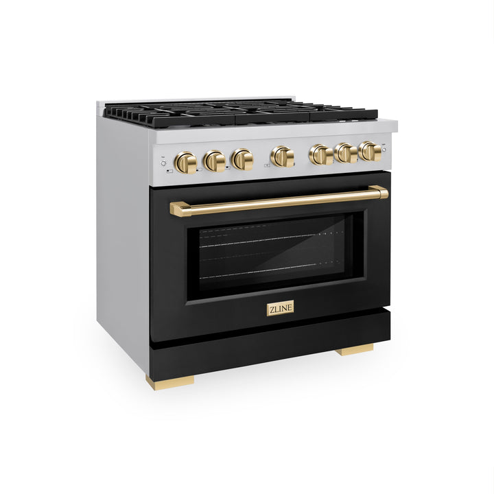 ZLINE Autograph 36" 5.2 cu. ft. Paramount Dual Fuel Range with 6 Burners in Stainless Steel with Black Matte Door and Polished Gold Accents, SDRZ-BLM-36-G