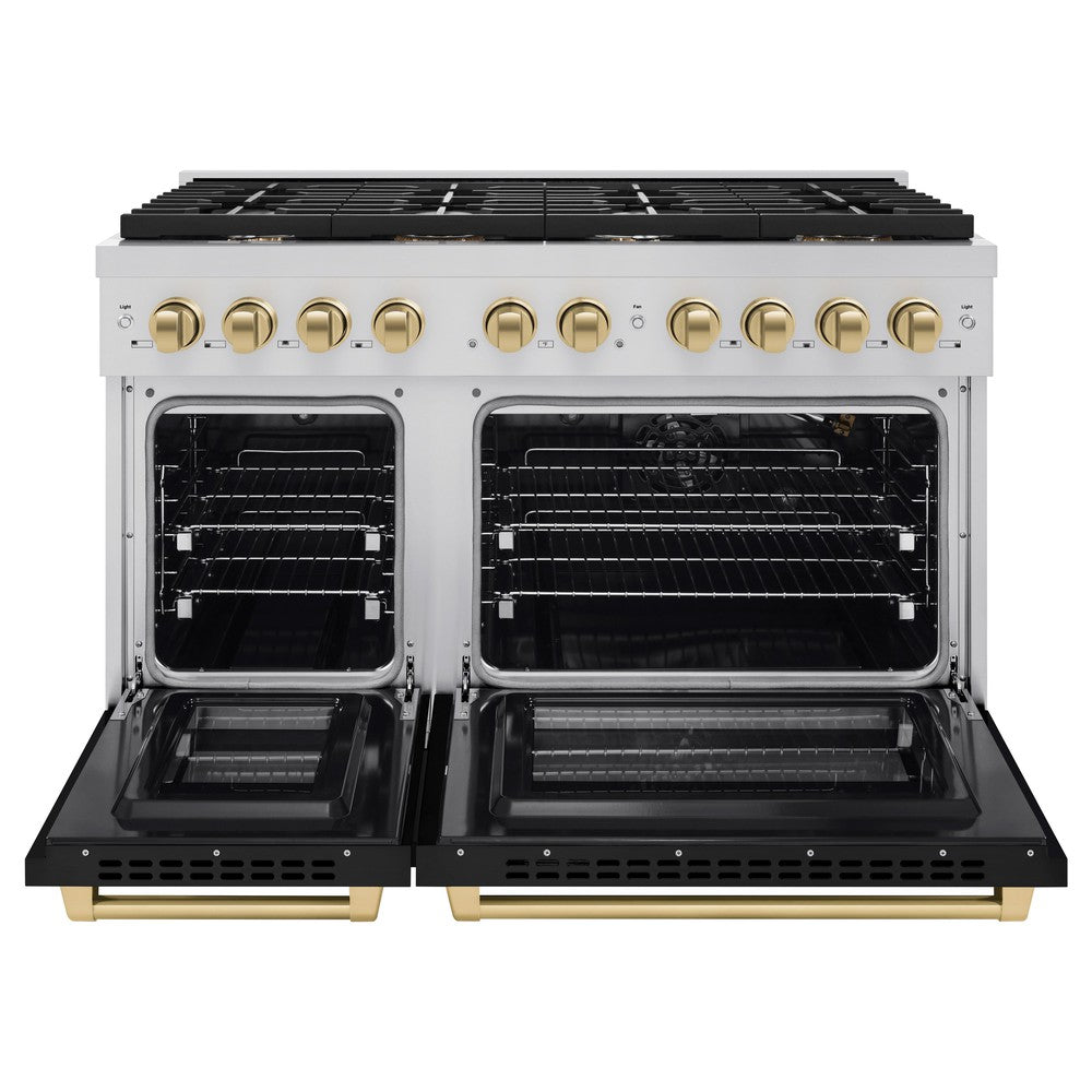 ZLINE Autograph 48" 6.7 cu. ft. Paramount Double Oven Dual Fuel Range with 8 Burners with Black Matte Doors and Champagne Bronze Accents, SDRZ-BLM-48-CB