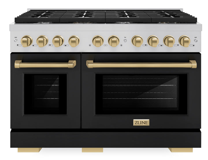 ZLINE Autograph 48" 6.7 cu. ft. Paramount Double Oven Dual Fuel Range with 8 Burners with Black Matte Doors and Champagne Bronze Accents, SDRZ-BLM-48-CB