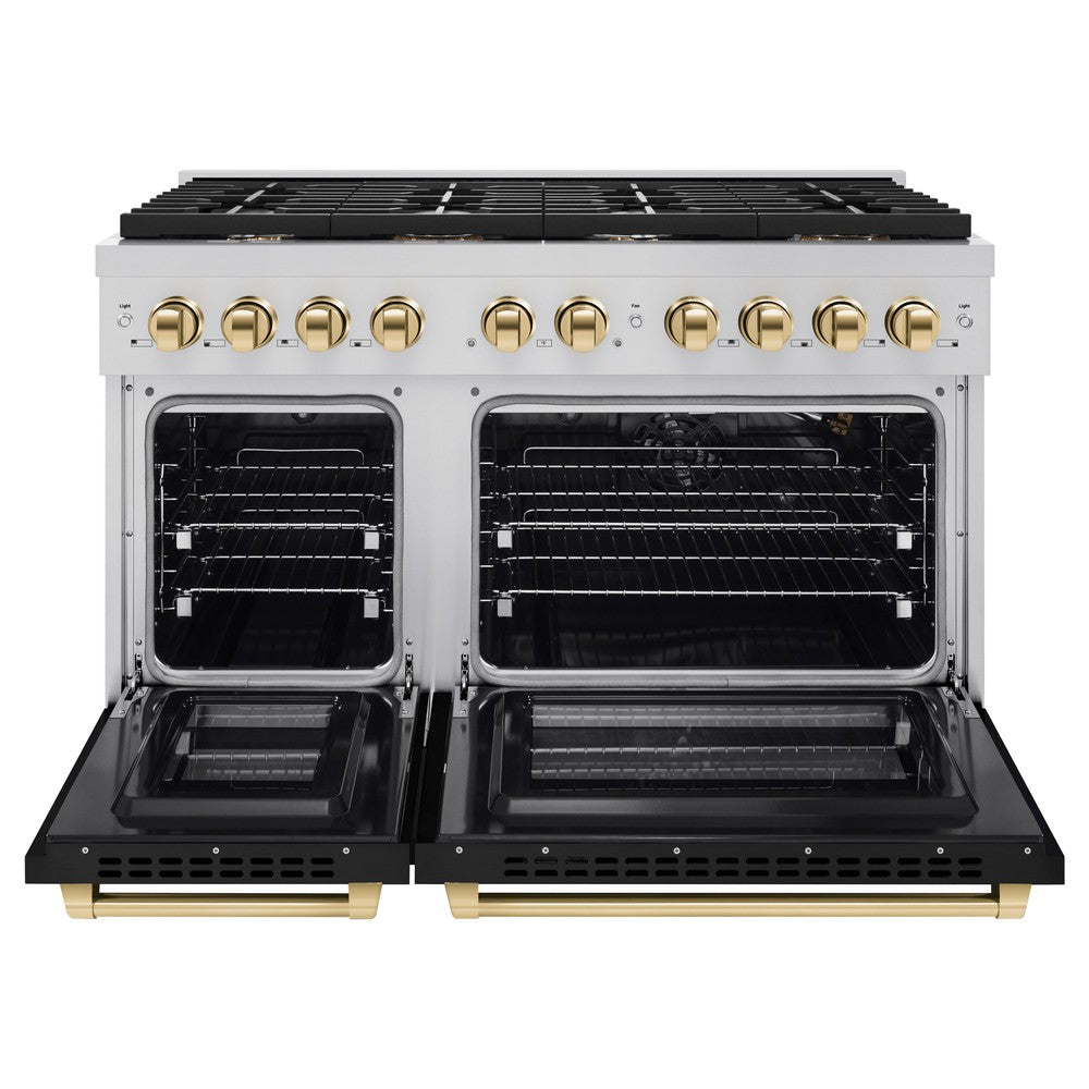 ZLINE Autograph 48" 6.7 cu. ft. Paramount Double Oven Dual Fuel Range with 8 Burners with Black Matte Doors and Polished Gold Accents, SDRZ-BLM-48-G