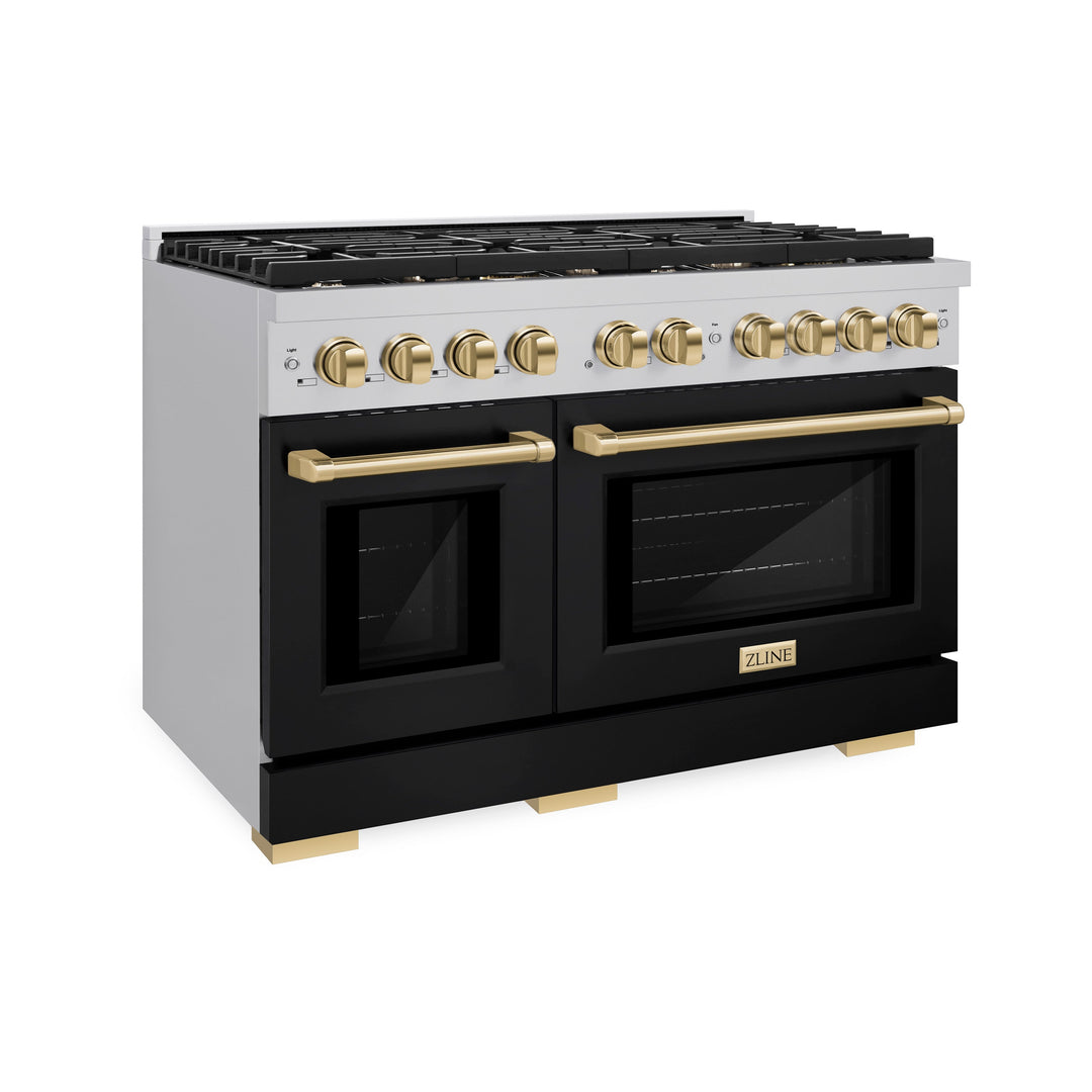 ZLINE Autograph 48" 6.7 cu. ft. Paramount Double Oven Dual Fuel Range with 8 Burners with Black Matte Doors and Polished Gold Accents, SDRZ-BLM-48-G