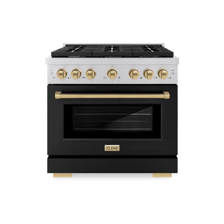 ZLINE Autograph 36" 5.2 cu. ft. Paramount Gas Range with Convection Gas Oven in Stainless Steel with Black Matte Door and Bronze Accents, SGRZ-BLM-36-CB