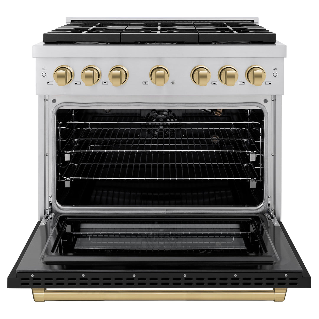 ZLINE Autograph 36" 5.2 cu. ft. Paramount Gas Range with Convection Gas Oven in Stainless Steel with Black Matte Door and Bronze Accents, SGRZ-BLM-36-CB