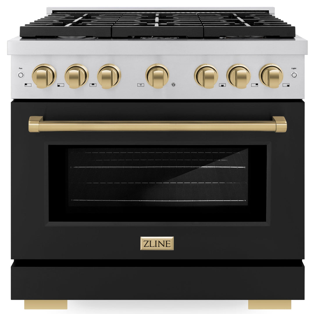 ZLINE Autograph 36" 5.2 cu. ft. Paramount Gas Range with Convection Gas Oven in Stainless Steel with Black Matte Door and Bronze Accents, SGRZ-BLM-36-CB