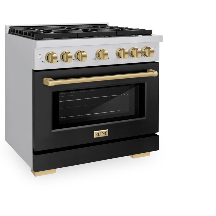 ZLINE Autograph 36" 5.2 cu. ft. Paramount Gas Range with Convection Gas Oven in Stainless Steel with Black Matte Door and Bronze Accents, SGRZ-BLM-36-CB