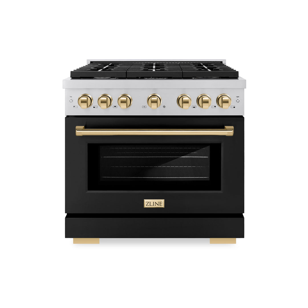 ZLINE Autograph 36" 5.2 cu. ft. Paramount Gas Range with Convection Gas Oven in Stainless Steel with Black Matte Door and Gold Accents, SGRZ-BLM-36-G