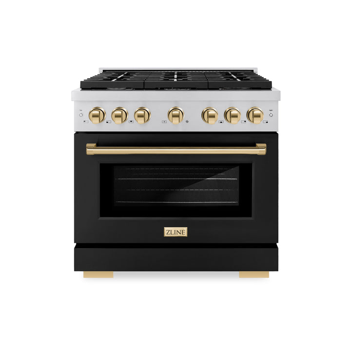 ZLINE Autograph 36" 5.2 cu. ft. Paramount Gas Range with Convection Gas Oven in Stainless Steel with Black Matte Door and Gold Accents, SGRZ-BLM-36-G