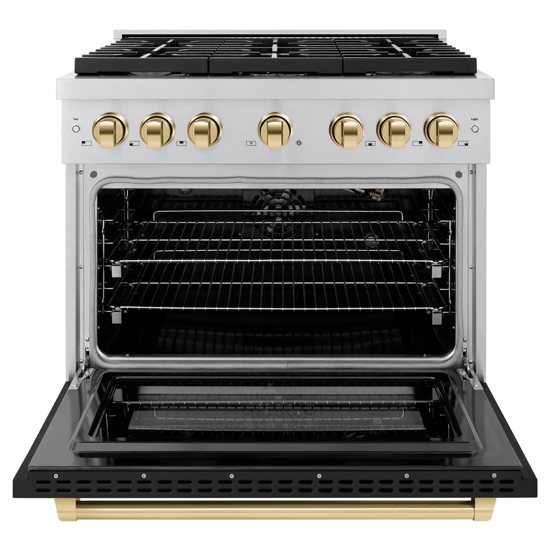 ZLINE Autograph 36" 5.2 cu. ft. Paramount Gas Range with Convection Gas Oven in Stainless Steel with Black Matte Door and Gold Accents, SGRZ-BLM-36-G