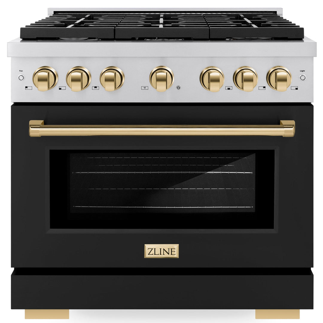 ZLINE Autograph 36" 5.2 cu. ft. Paramount Gas Range with Convection Gas Oven in Stainless Steel with Black Matte Door and Gold Accents, SGRZ-BLM-36-G