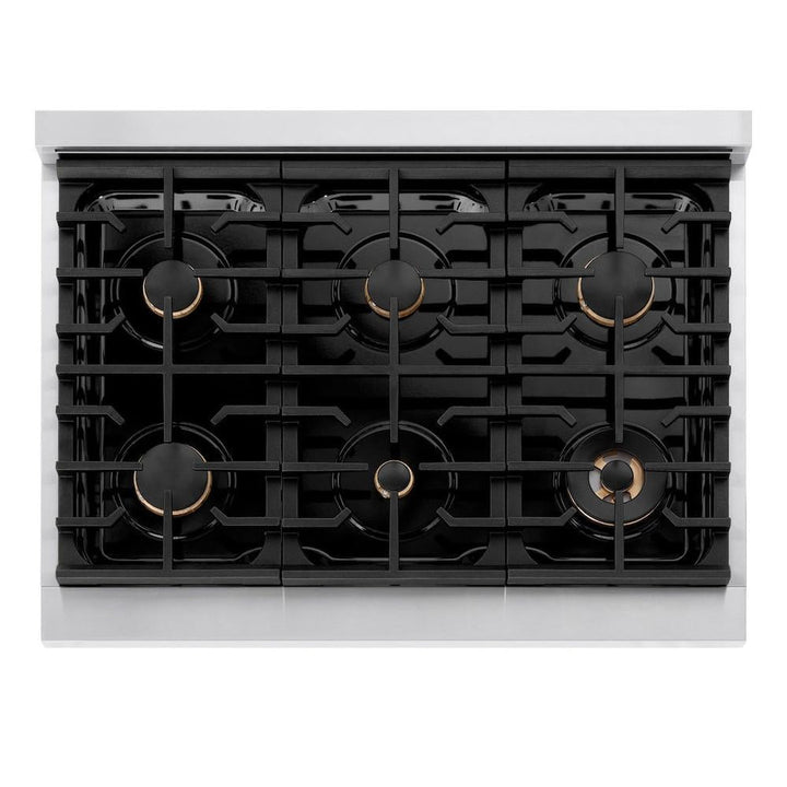 ZLINE Autograph Edition 36 in. 5.2 cu. ft. Paramount Gas Range with 6 Burner Cooktop and Convection Gas Oven in Stainless Steel with Black Matte Door and Polished Gold Accents (SGRZ-BLM-36-G)