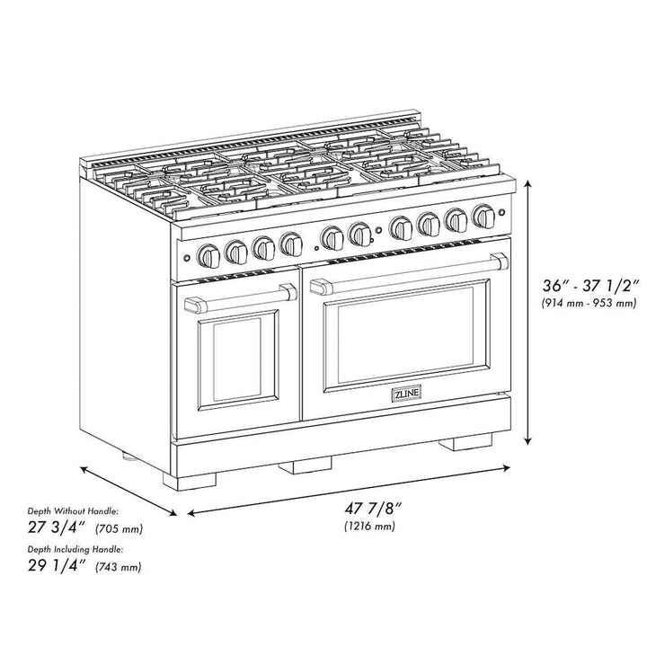 ZLINE Autograph Edition 48 in. 6.7 cu. ft. Paramount Double Oven Gas Range with 8 Burner Cooktop in Stainless Steel with Black Matte Doors and Champagne Bronze Accents (SGRZ-BLM-48-CB)