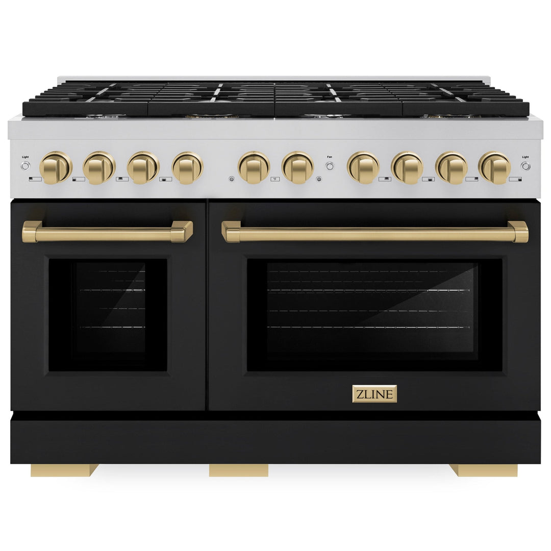 ZLINE Autograph 48" 6.7 cu. ft. Paramount Double Oven Gas Range in Stainless Steel with Black Matte Doors and Bronze Accents, SGRZ-BLM-48-CB