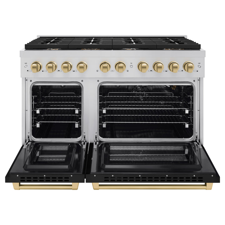 ZLINE Autograph 48" 6.7 cu. ft. Paramount Double Oven Gas Range in Stainless Steel with Black Matte Doors and Bronze Accents, SGRZ-BLM-48-CB