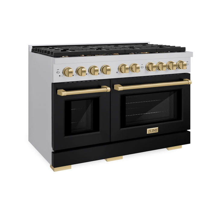 ZLINE Autograph 48" 6.7 cu. ft. Paramount Double Oven Gas Range in Stainless Steel with Black Matte Doors and Bronze Accents, SGRZ-BLM-48-CB