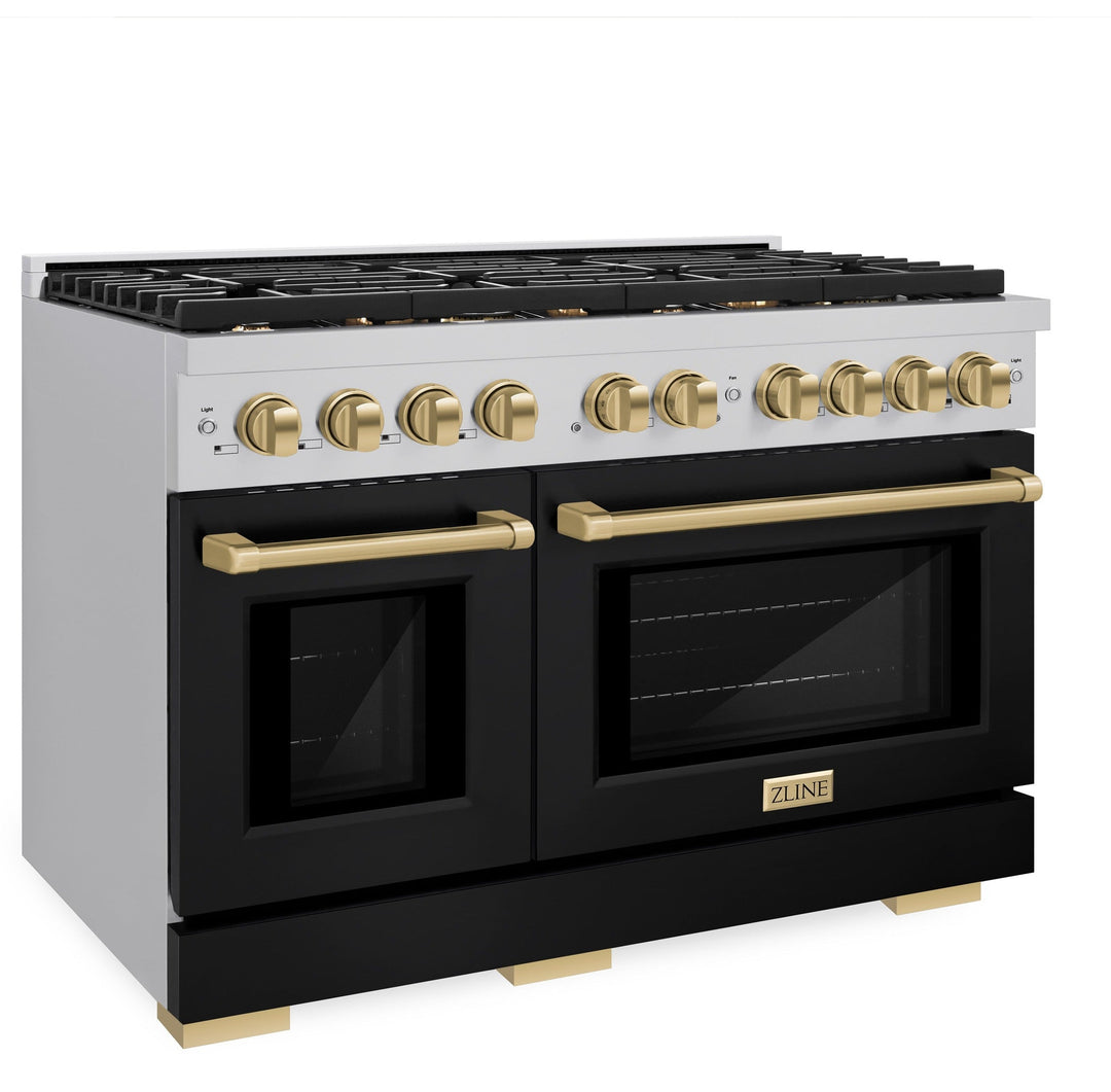 ZLINE Autograph 48" 6.7 cu. ft. Paramount Double Oven Gas Range in Stainless Steel with Black Matte Doors and Bronze Accents, SGRZ-BLM-48-CB