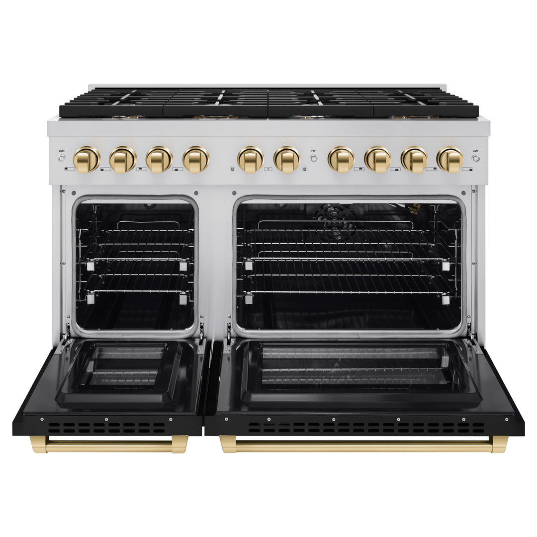 ZLINE Autograph 48" 6.7 cu. ft. Paramount Double Oven Gas Range in Stainless Steel with Black Matte Doors and Gold Accents, SGRZ-BLM-48-G