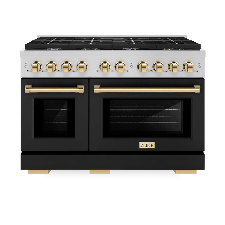 ZLINE Autograph 48" 6.7 cu. ft. Paramount Double Oven Gas Range in Stainless Steel with Black Matte Doors and Gold Accents, SGRZ-BLM-48-G