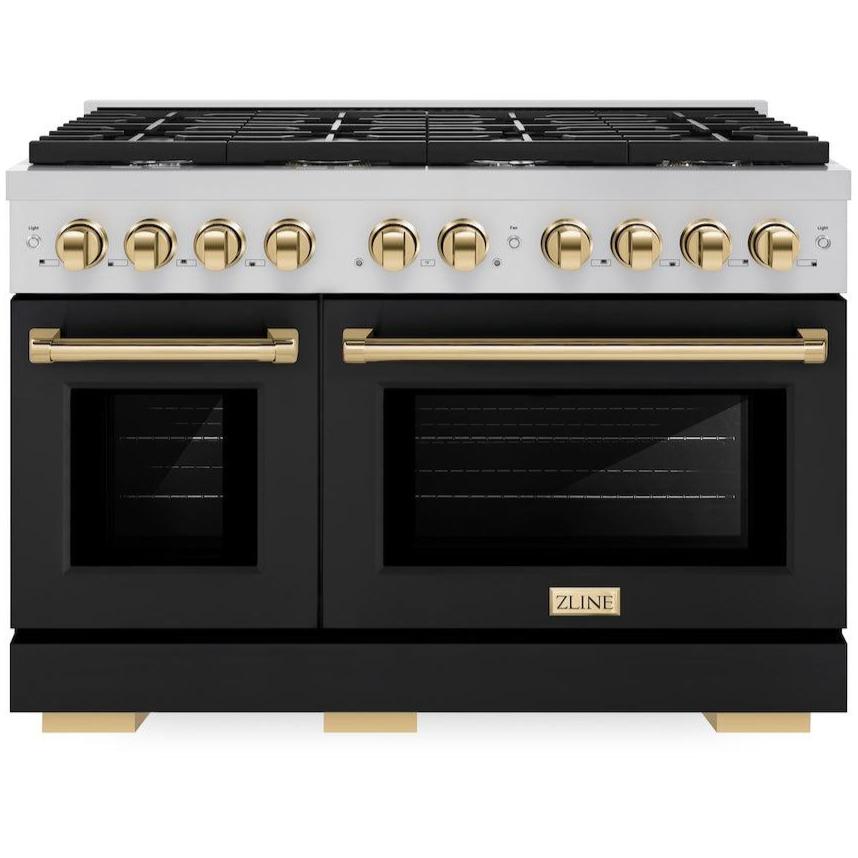 ZLINE Autograph 48" 6.7 cu. ft. Paramount Double Oven Gas Range in Stainless Steel with Black Matte Doors and Gold Accents, SGRZ-BLM-48-G