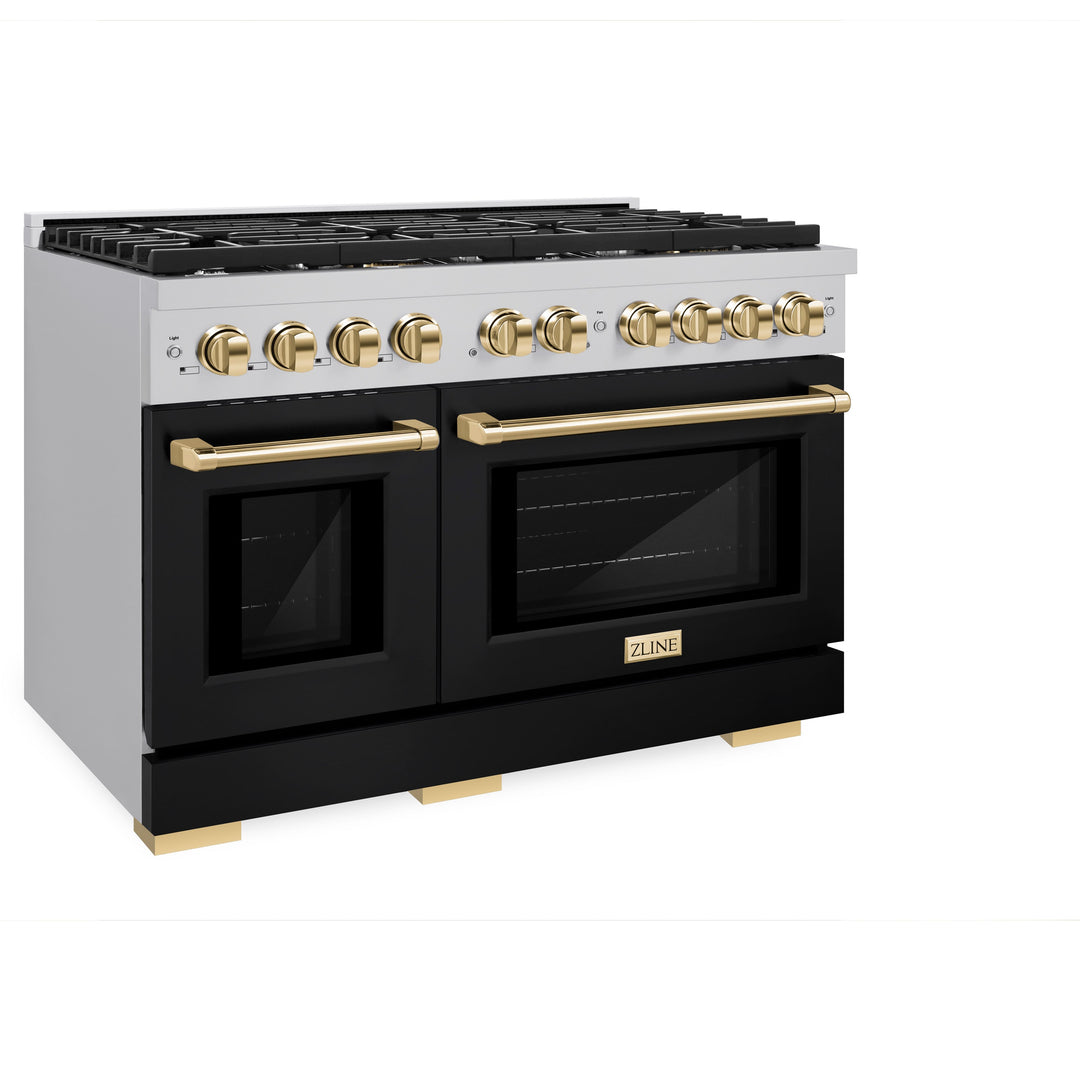 ZLINE Autograph 48" 6.7 cu. ft. Paramount Double Oven Gas Range in Stainless Steel with Black Matte Doors and Gold Accents, SGRZ-BLM-48-G