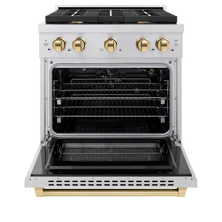 ZLINE Autograph 30" 4.2 cu. ft. Paramount Dual Fuel Range with 4 Burners in Stainless Steel with Polished Gold Accents, SDRZ-30-G