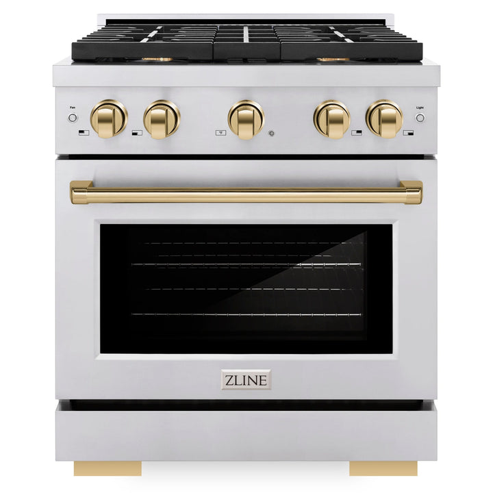 ZLINE Autograph 30" 4.2 cu. ft. Paramount Dual Fuel Range with 4 Burners in Stainless Steel with Polished Gold Accents, SDRZ-30-G