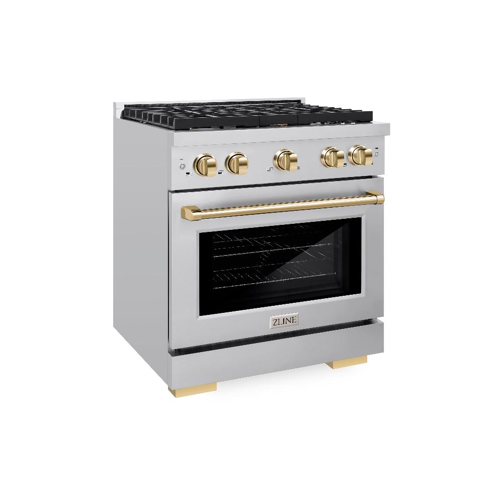 ZLINE Autograph 30" 4.2 cu. ft. Paramount Dual Fuel Range with 4 Burners in Stainless Steel with Polished Gold Accents, SDRZ-30-G