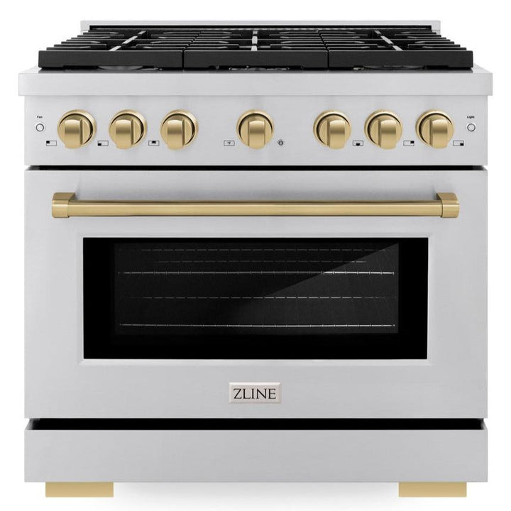 ZLINE Autograph 36" 5.2 cu. ft. Paramount Dual Fuel Range with 6 Burners in Stainless Steel with Champagne Bronze Accents, SDRZ-36-CB