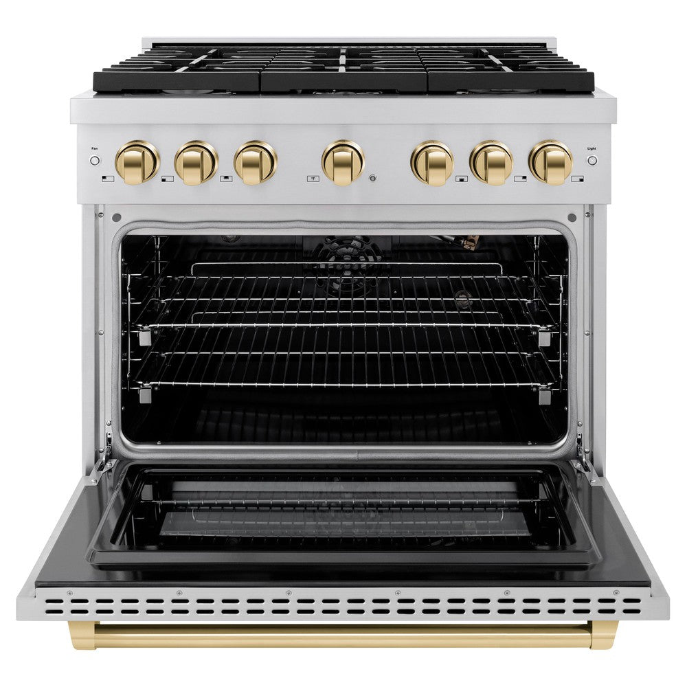 ZLINE Autograph 36" 5.2 cu. ft. Paramount Dual Fuel Range with 6 Burners in Stainless Steel with Polished Gold Accents, SDRZ-36-G