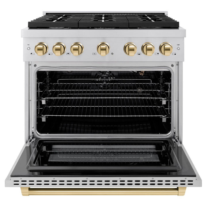 ZLINE Autograph 36" 5.2 cu. ft. Paramount Dual Fuel Range with 6 Burners in Stainless Steel with Polished Gold Accents, SDRZ-36-G