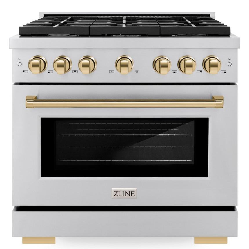 ZLINE Autograph 36" 5.2 cu. ft. Paramount Dual Fuel Range with 6 Burners in Stainless Steel with Polished Gold Accents, SDRZ-36-G