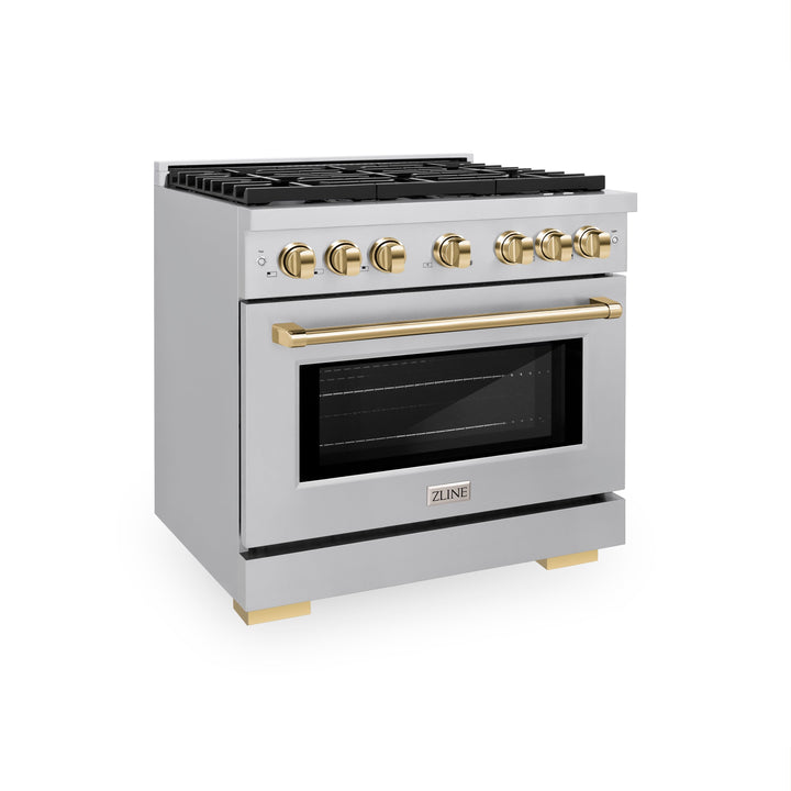 ZLINE Autograph 36" 5.2 cu. ft. Paramount Dual Fuel Range with 6 Burners in Stainless Steel with Polished Gold Accents, SDRZ-36-G