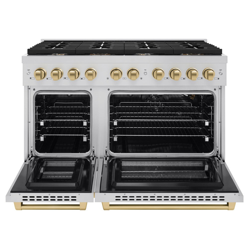 ZLINE Autograph 48" 6.7 cu. ft. Paramount Double Oven Dual Fuel Range with 8 Burners in Stainless Steel and Champagne Bronze Accents, SDRZ-48-CB