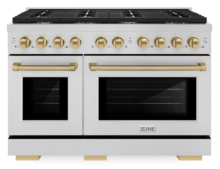 ZLINE Autograph 48" 6.7 cu. ft. Paramount Double Oven Dual Fuel Range with 8 Burners in Stainless Steel and Champagne Bronze Accents, SDRZ-48-CB