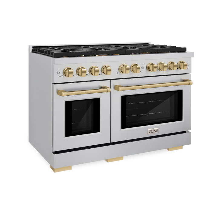 ZLINE Autograph 48" 6.7 cu. ft. Paramount Double Oven Dual Fuel Range with 8 Burners in Stainless Steel and Champagne Bronze Accents, SDRZ-48-CB