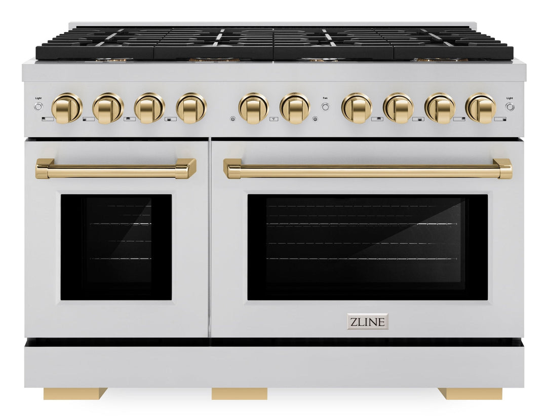 ZLINE Autograph 48" 6.7 cu. ft. Paramount Double Oven Dual Fuel Range with 8 Burners in Stainless Steel and Polished Gold Accents, SDRZ-48-G