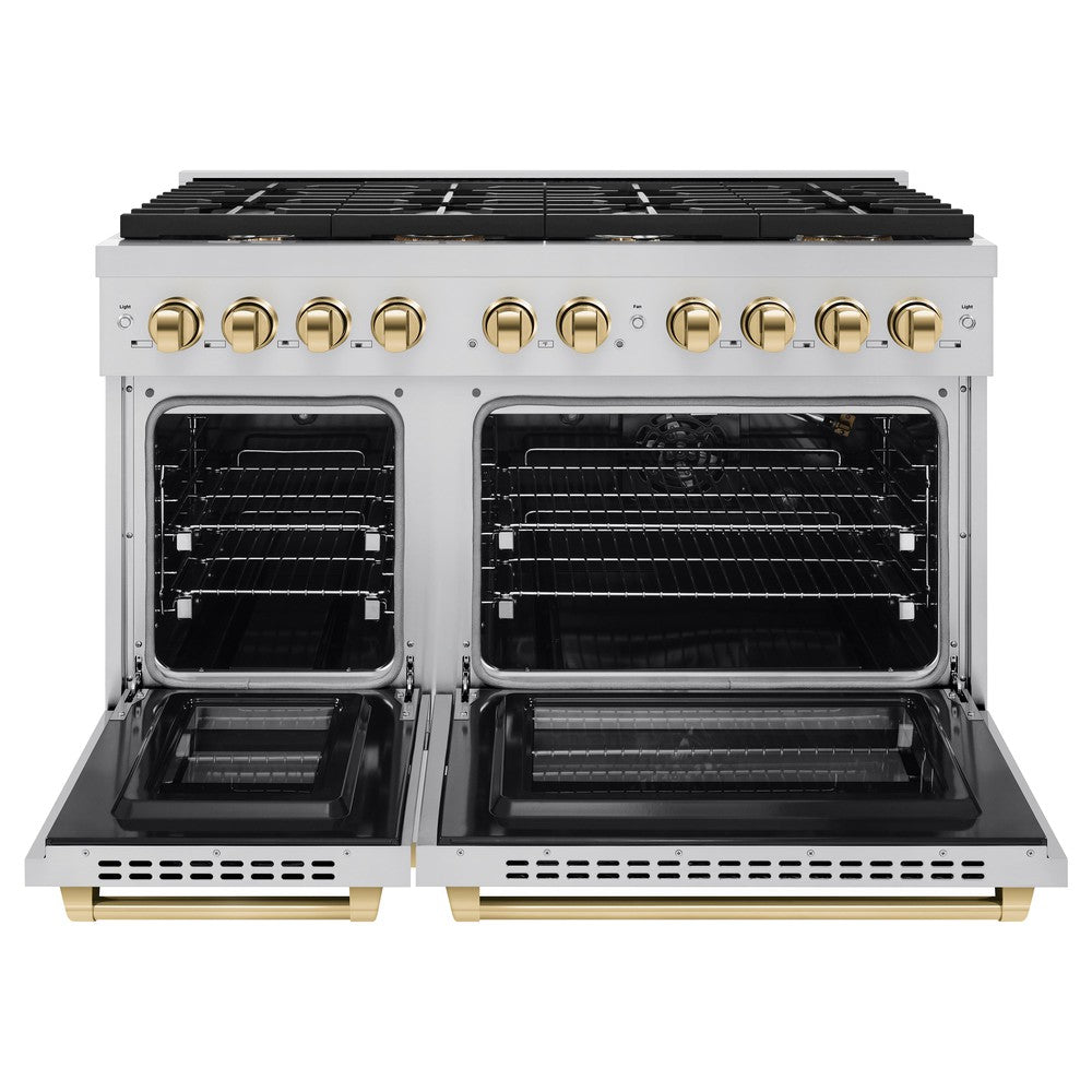 ZLINE Autograph 48" 6.7 cu. ft. Paramount Double Oven Dual Fuel Range with 8 Burners in Stainless Steel and Polished Gold Accents, SDRZ-48-G