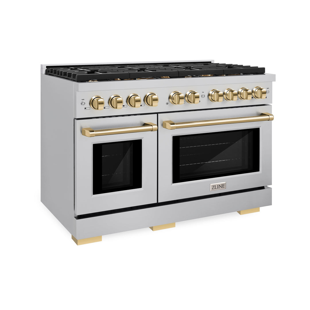 ZLINE Autograph 48" 6.7 cu. ft. Paramount Double Oven Dual Fuel Range with 8 Burners in Stainless Steel and Polished Gold Accents, SDRZ-48-G