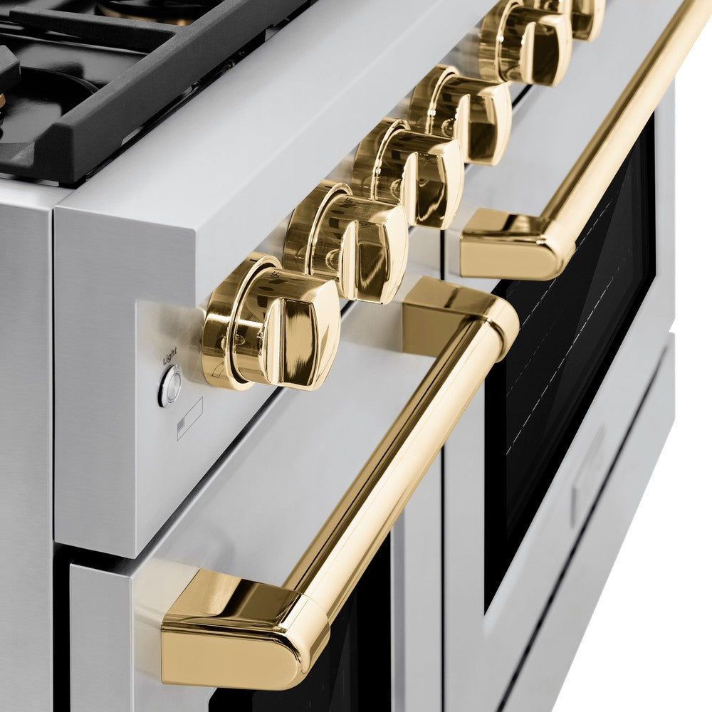 ZLINE Autograph 48" 6.7 cu. ft. Paramount Double Oven Dual Fuel Range with 8 Burners in Stainless Steel and Polished Gold Accents, SDRZ-48-G